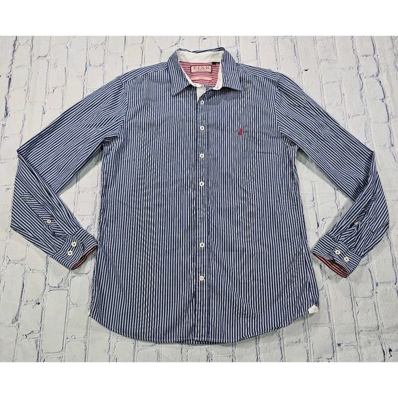 PINK Thomas Pink Dress Shirt Blue Striped Button Up Fox Embroidered MENS SIZE M - Picture 1 of 10